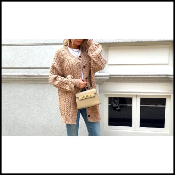 Oversized Cable Knit Cardigan, Chunky Button Down, Lantern Sleeve, Crew Neck - Picture 6 of 6